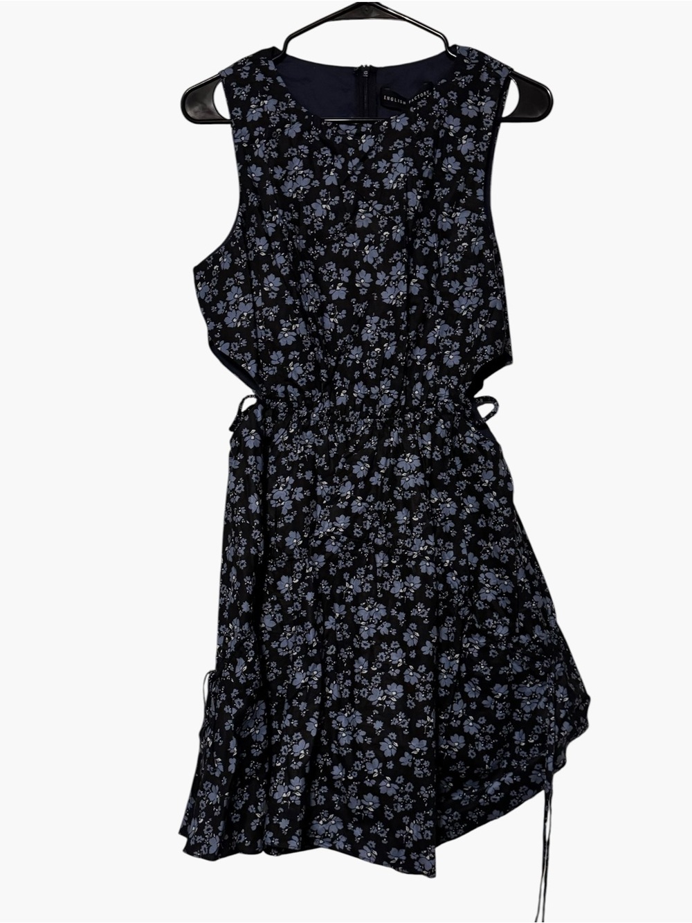 English Factory Black Mini Dress with Blue Floral Print